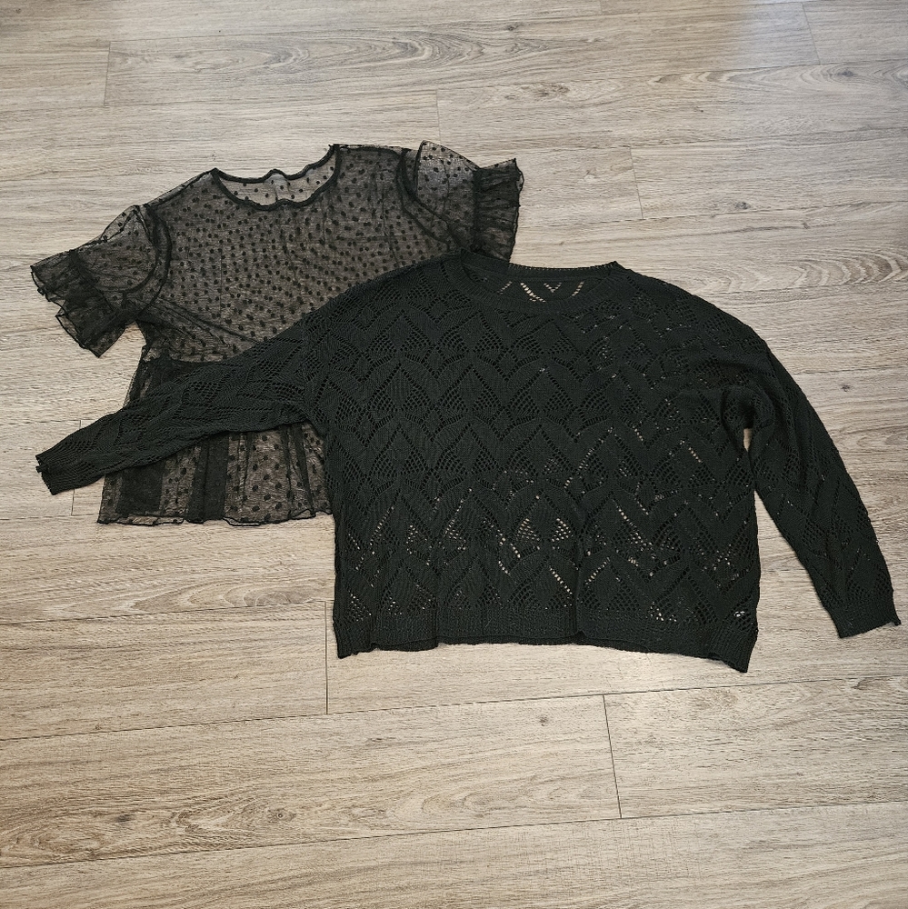 SHEIN Bundle -‎ Black Peplum Polka Dot Top and Black Crocheted Top